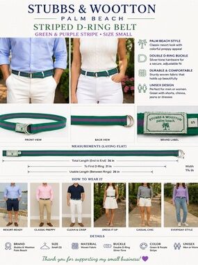 Stubbs & Wootton Palm Beach Belt Size Small Green Purple Stripe D Ring